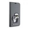 A grey flip-style phone case with a Karl Lagerfeld and Choupette illustration on the front. Produktbild-Vorschau