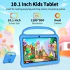 A blue kids tablet is displayed in front of a colorful, cartoonish background. Text overlays highlight the tablet's features. Produktbild-Vorschau