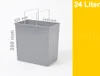 A 3D render of a gray trash can with dimensions and capacity indicated. Produktbild-Vorschau