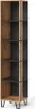 A tall, narrow bookshelf with a wood-grain exterior and black interior shelves, standing on thin metal legs. Anteprima dell’immagine prodotto