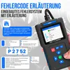 A hand holding a car diagnostic scanner in front of a blurred car interior. Produktbild-Vorschau