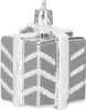 A close-up studio shot of a single silver Christmas ornament shaped like a gift box. Produktbild-Vorschau