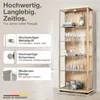A display cabinet with various items on its shelves, with text callouts highlighting features. Produktbild-Vorschau