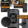 Marketing collage for a Brandson tower fan, showing the product, its remote control, and a person using it. Produktbild-Vorschau