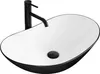 A white and black vessel sink with a black faucet. Anteprima dell’immagine prodotto