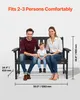 A family of three sitting on a black garden bench, with dimensions indicated. Produktbild-Vorschau