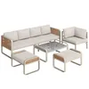 A set of outdoor furniture including a sofa, armchair, coffee table, and ottomans, displayed on a white background. Voir les images du produit