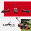 A collage of images showcasing a LEHMANN garden electric lawnmower from different angles, along with the brand logo and a lifestyle shot of the product in use. Produktbild-Vorschau