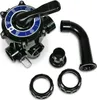 A black pool filter valve with blue markings and several black plastic pipe fittings are arranged on a white background. Produktbild-Vorschau