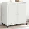A white metal cabinet with two doors and wheels, placed on a wooden floor.