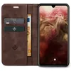 A brown leather flip case for a smartphone, open to reveal card slots and a phone screen displaying the time and date. Produktbild-Vorschau