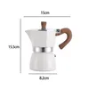 A white moka pot with a wooden handle, with dimensions indicated by lines and text. Produktbild-Vorschau