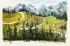 A pastel drawing of a mountain landscape with a winding road and trees. Náhľad obrázku produktu
