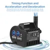 A black brushless DC pump with a blue water stream coming out of the nozzle, set against a white and light blue background with text describing its features. Produktbild-Vorschau