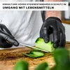 A person wearing black nitrile gloves is slicing a cucumber on a wooden cutting board. Produktbild-Vorschau