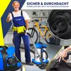 A man in work clothes gives a thumbs up next to a vacuum cleaner, with a bicycle and a close-up of a filter in the background. There is also a smaller inset image of a hand using a vacuum attachment. Produktbild-Vorschau