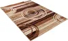 A rectangular rug with a modern abstract design featuring concentric circles and stripes in shades of beige and brown, presented on a white background. Produktbild-Vorschau