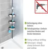 A corner shower caddy with three shelves, holding bottles and a loofah, mounted between a bathtub and a tiled wall. Produktbild-Vorschau
