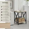 A side table next to a sofa, with descriptive text on the left side. Náhled obrázku produktu