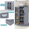 A gray kitchen cabinet with its doors open, displaying shelves filled with various items like jars, bottles, and eggs. Close-up insets highlight the cabinet's handles, magnetic closure, and base. Anteprima dell’immagine prodotto