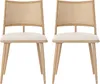 Two dining chairs with rattan backs and beige upholstered seats are shown against a white background. Podgląd zdjęcia produktu