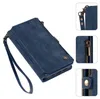 A collage of images showing a blue wallet-style phone case with a wrist strap and zipper details. Produktbild-Vorschau