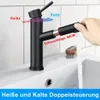 A black faucet with a pull-out spray head is shown in use over a white sink. Text overlays indicate hot and cold water controls and hose length. Anteprima dell’immagine prodotto