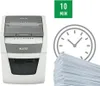 A Leitz shredder is shown next to a clock icon and a stack of paper, indicating its speed and capacity. Náhľad obrázku produktu