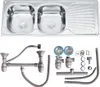A stainless steel double sink with drainer and plumbing accessories, presented on a white background. Produktbild-Vorschau