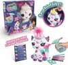 A collage of images showing a plush unicorn toy, its packaging, and accessories, with a demonstration of its features. Podgląd zdjęcia produktu