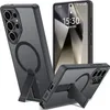 Three views of a black smartphone case with a kickstand and magnetic ring, displayed on a white background. Anteprima dell’immagine prodotto