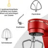 A red kitchen mixer with various attachments displayed around it, along with descriptive text. Produktbild-Vorschau