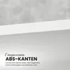 A close-up of a white shelf edge with text overlay describing its features. Produktbild-Vorschau