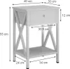 A diagram of a white nightstand with dimensions labeled. Voir les images du produit
