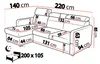 Diagram showing the dimensions of a sectional sofa, including measurements for length, width, height, and depth of various sections and features. Also includes a small illustration of a bed with dimensions. Produktbild-Vorschau
