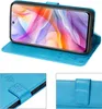 A collage of images showing a blue flip case for a smartphone, with close-ups of the case's closure and texture. Produktbild-Vorschau