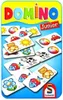 A collection of dominoes with various cartoon images on them, arranged on a blue background with a yellow border. Produktbild-Vorschau