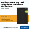 A collage-style image advertising a black Exquisit freezer with text and an energy efficiency label. Produktbild-Vorschau