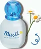 A bottle of Mustela Musti Eau De Soin Parfumee with daisies and a decorative swirl. Podgląd zdjęcia produktu