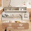 A child's bed with a bookshelf headboard in a room setting, with decorative elements and text overlays. Produktbild-Vorschau