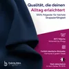 A close-up of navy blue fabric with marketing text and icons overlaid. Produktbild-Vorschau