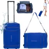 A collage of images showing a blue trolley suitcase, a blue duffel bag with a shoulder strap, and a woman in a flight attendant uniform pulling a small blue suitcase.
