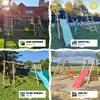 A collage of four images showing children playing on different WICKEY playground sets in various outdoor settings. Voir les images du produit