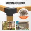 Collage showing pergola corner connectors, screws, and two examples of assembled pergolas in outdoor settings. Náhled obrázku produktu
