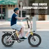 A man is riding a white and yellow electric folding bike on a street. Produktbild-Vorschau