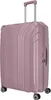 A pink suitcase with a telescopic handle and wheels. Produktbild-Vorschau
