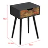 A black and wood-grain side table with dimensions indicated by red lines and text. Náhled obrázku produktu