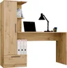 A desk with an attached bookshelf, a laptop, and a desk lamp. Voir les images du produit