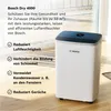 A white Bosch dehumidifier is shown in a room with a window and wooden floor. Text overlays describe its features. Produktbild-Vorschau