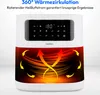 A white air fryer with a digital display and a graphic illustrating heat circulation. Produktbild-Vorschau